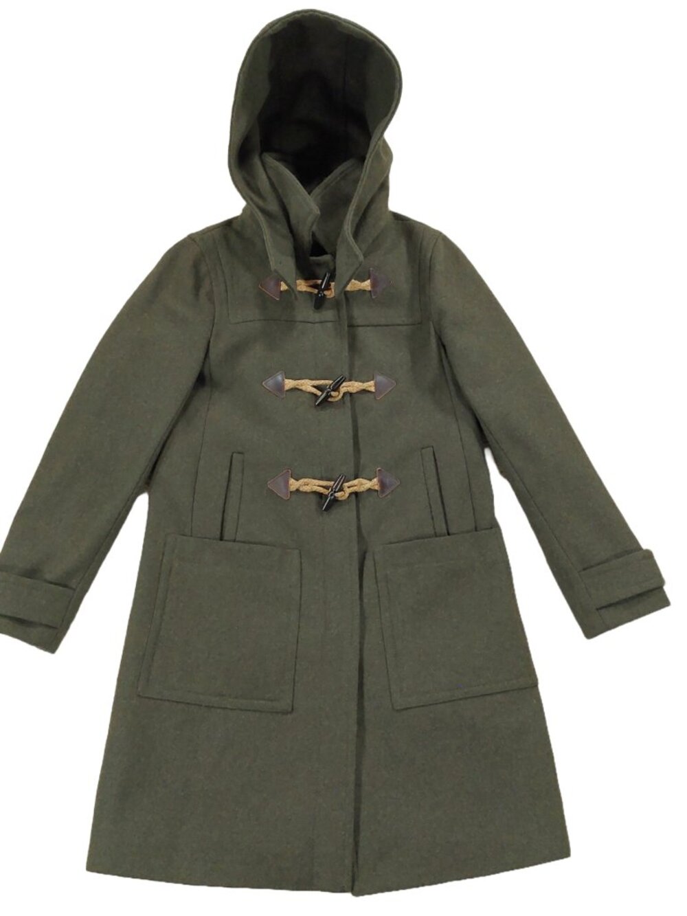 J.Crew Melton Wool Duffle Toggle Coat Womens Sz 0 Petite, Army Green, Hooded